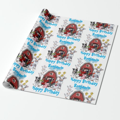 Red Barn Cute Farm Animals Birthday Gift  Wrapping Paper