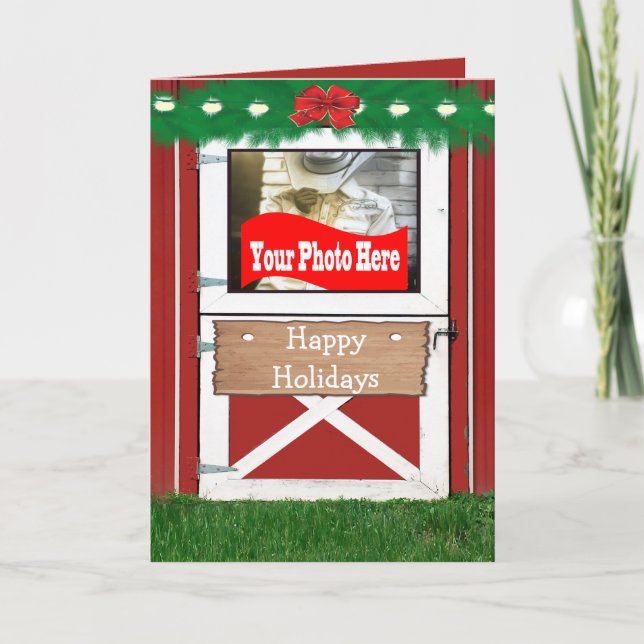 Red Barn Door Custom Holiday Photo Card (Front)