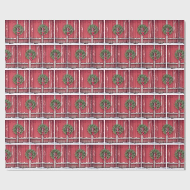 Red Barn Door With Christmas Pine Wreath Wrapping Paper (Flat)