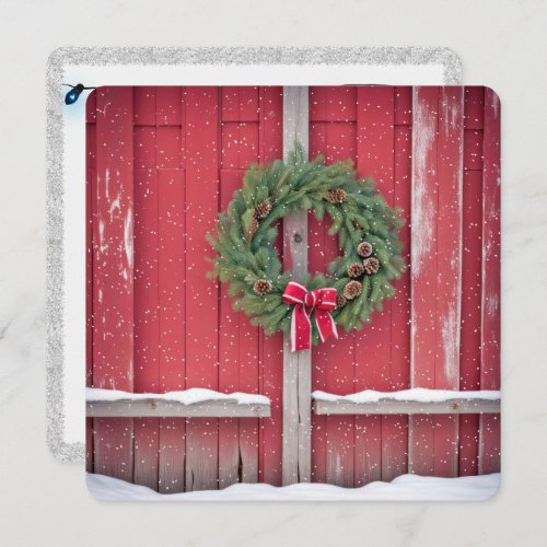 Red Barn Door With Christmas Wreath In Snowflakes Holiday Card