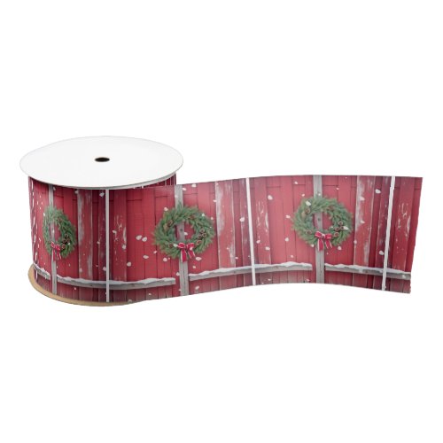 Red Barn Door With Christmas Wreath In Snowflakes Satin Ribbon
