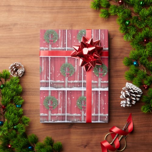 Red Barn Door With Christmas Wreath In Snowflakes Wrapping Paper