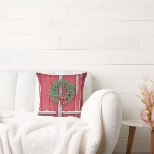 Red Barn Door With Christmas Wreath Throw Pillow