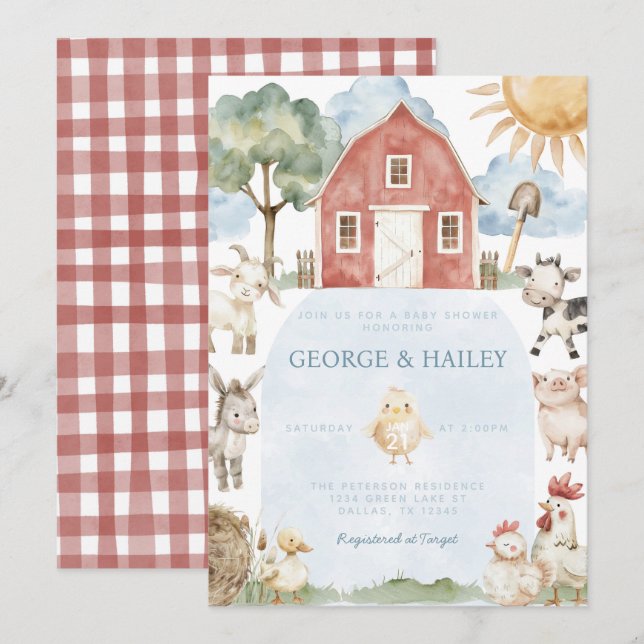 Red Barn Farm Animal Baby Shower Invitation (Front/Back)