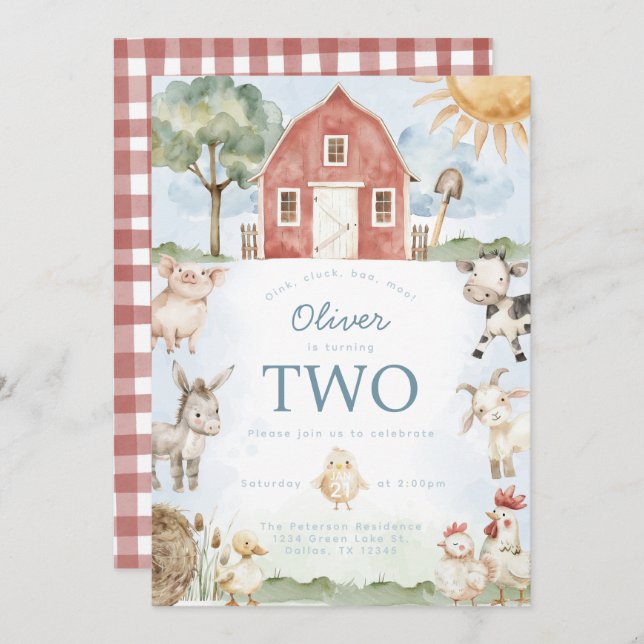 Red Barn Farm Animal Birthday Party Invitation (Front/Back)