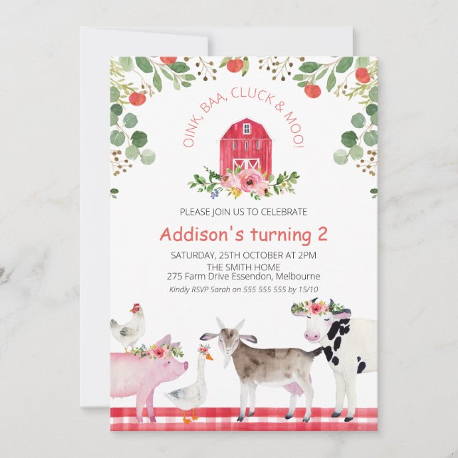 Red Barn Farm Animals Apples Birthday Invitation (Front)