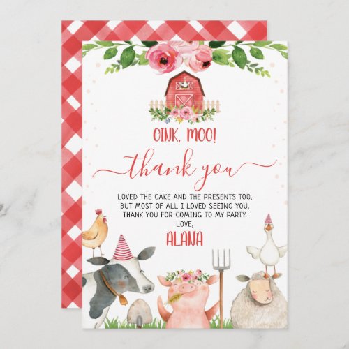 Red Barn Farm Animals Birthday Thank You Card