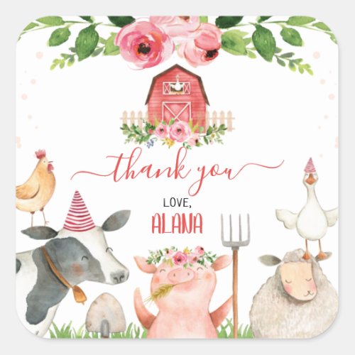 Red Barn Farm Animals Birthday Thank You Sticker