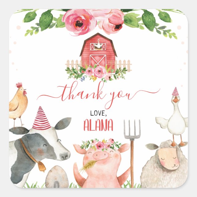 Red Barn Farm Animals Birthday Thank You Sticker (Front)