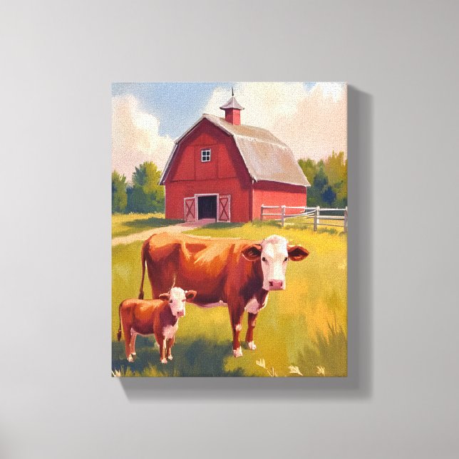 Red Barn Farm Animals Cow Painting Canvas Print (Front)