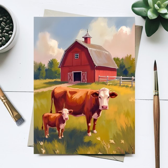 Red Barn Farm Animals Cow Painting Postcard (Creator Uploaded)