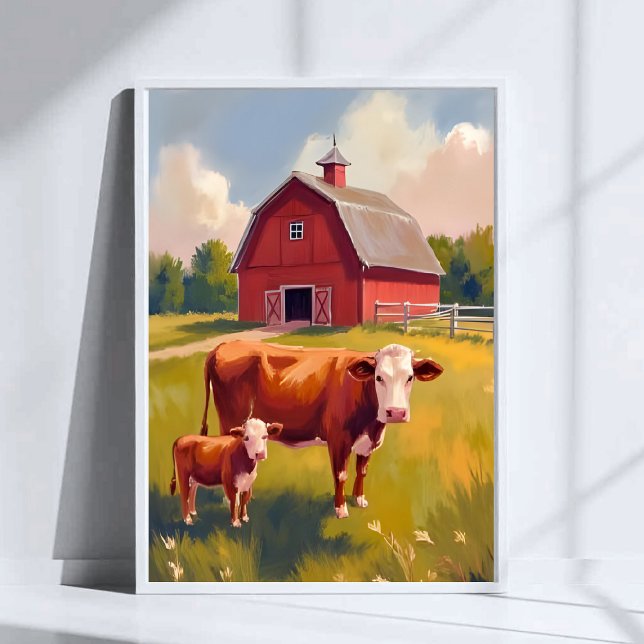 Red Barn Farm Animals Cow Painting Poster (Creator Uploaded)