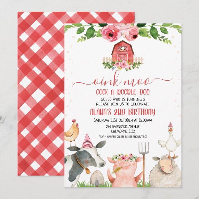 Red Barn Farm Animals Foliage Birthday Invitation (Front/Back)