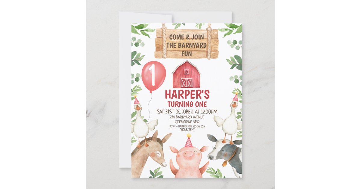 Red Barn Farm Barnyard Fun Birthday Invitation | Zazzle