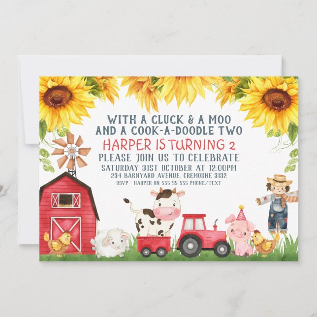 Red Barn Farm Farmyard Sunflowers Birthday Invitation (Front)