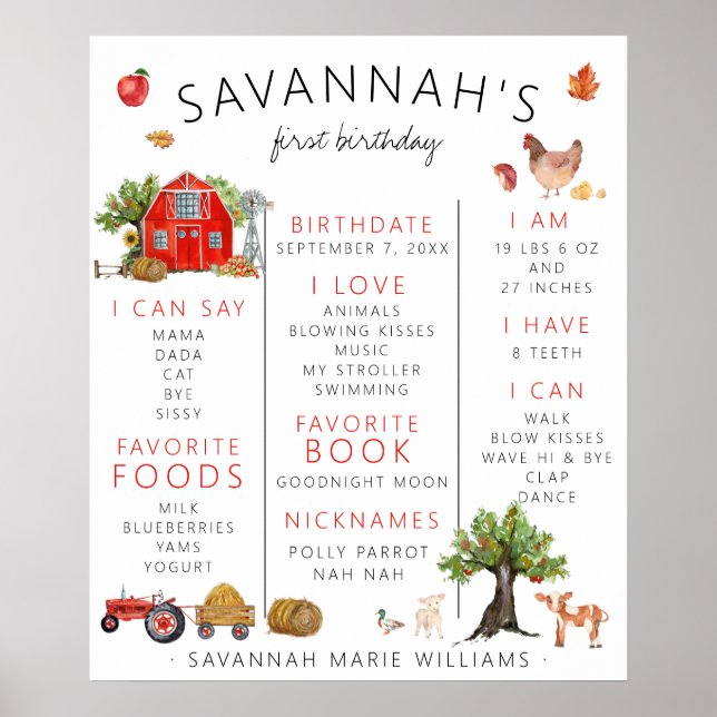 Red Barn | Farm First Birthday Milestone Poster (Front)