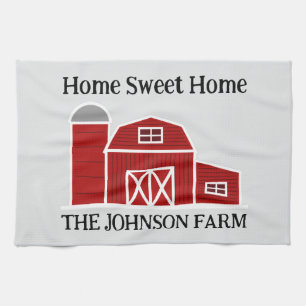 Red barn farm house custom kitchen towel