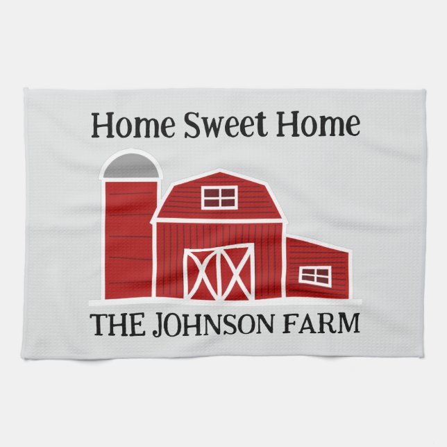 Red barn farm house custom kitchen towel (Horizontal)