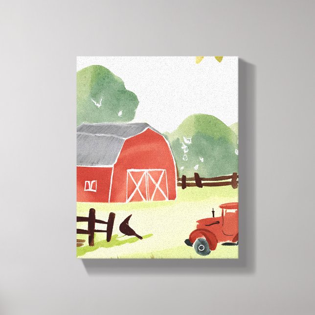 Red Barn | Farm Watercolor Tractor Painting Canvas Print (Front)
