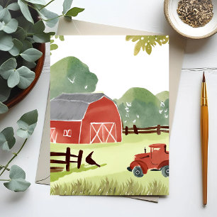 Red Barn   Farm Watercolor Tractor Painting Postcard