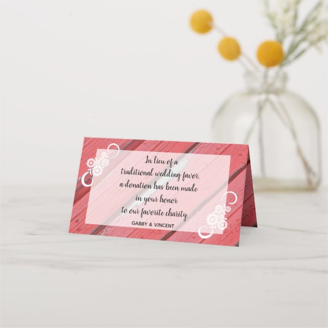 Red Barn Flowers Wood Wedding Charity Favors Place Card (Front)