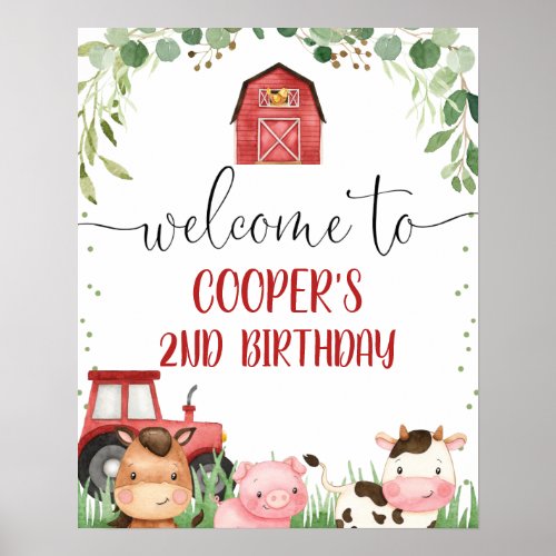  Red Barn Foliage Farm Animals Birthday Welcome  Poster