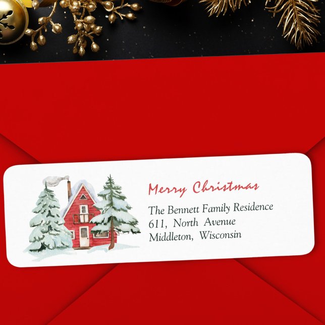 Red Barn Green Forest Pine Christmas Tree Address Label (Creator Uploaded)
