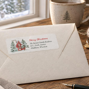 Red Barn Green Forest Pine Christmas Tree Address Label