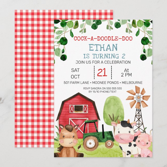 Red Barn Green Tractor Farm Farmyard Birthday Invitation (Front/Back)