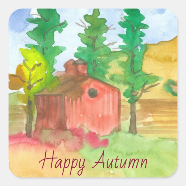 Red Barn Happy Autumn Watercolor Square Sticker (Front)