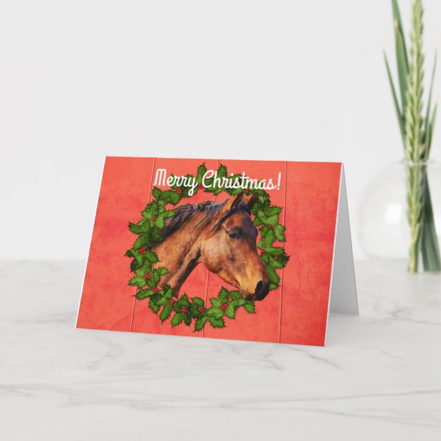Red Barn Horse and Wreath Christmas Card (Front)
