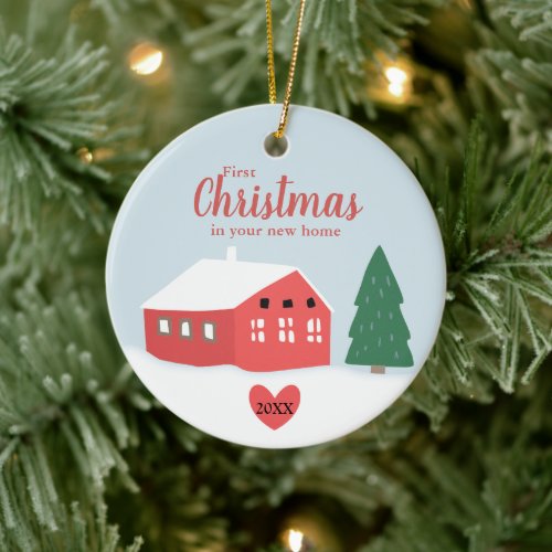 Red Barn House Personalized Christmas In New Home Ceramic Ornament