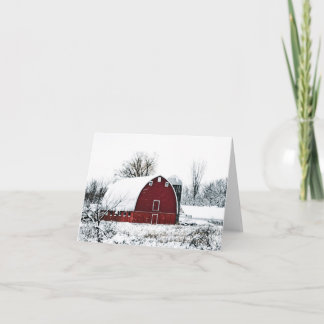 Red barn in a snowstorm note card