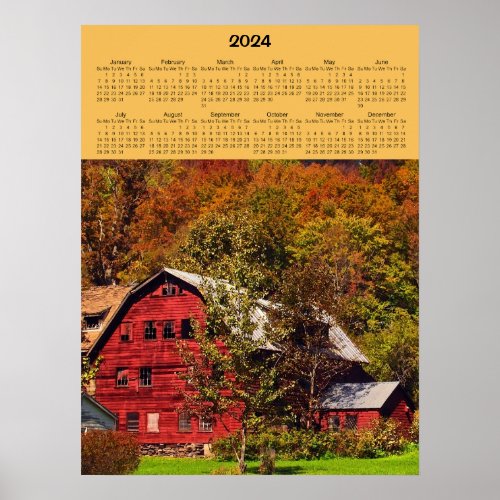 Red Barn in Autumn 2024 Calendar Poster