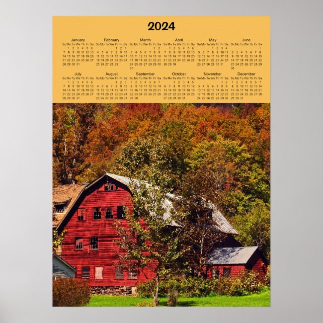 Red Barn in Autumn 2024 Calendar Poster