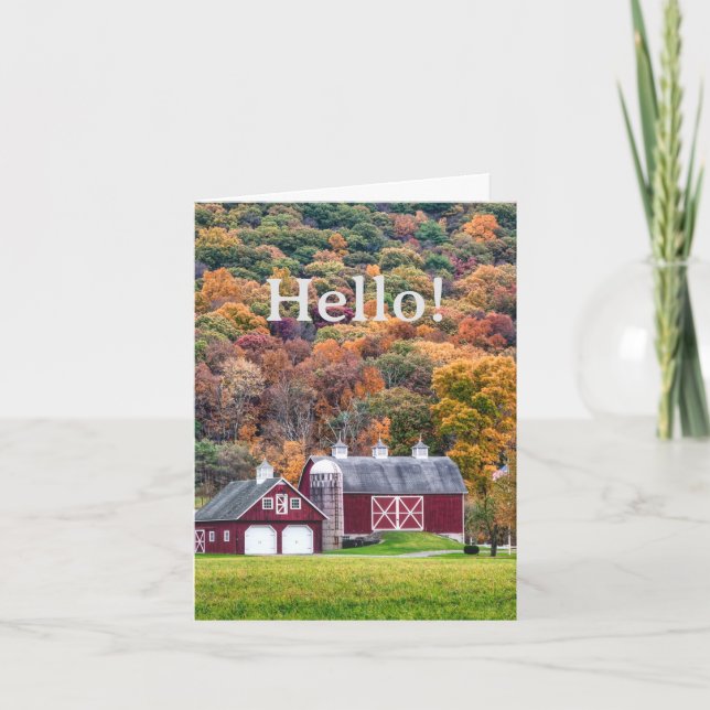 Red Barn in Autumn Hello Notecard (Front)