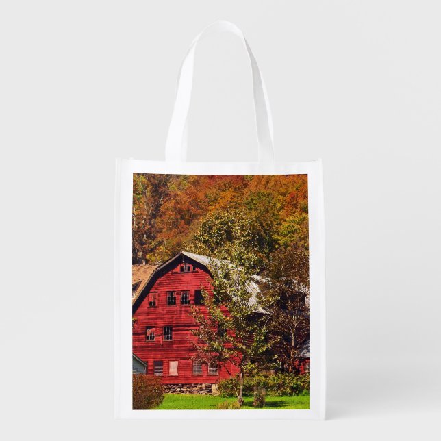 Red Barn in Autumn Reusable Grocery Bag (Front)