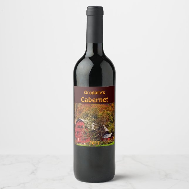 Red Barn in Autumn Wine Label (Front)