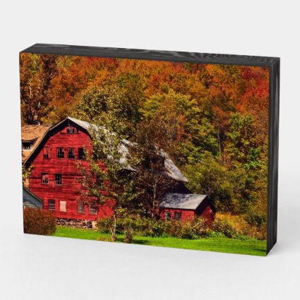 Red Barn in Autumn Wooden Box Sign