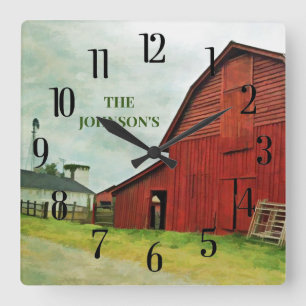Red Barn in Scenic Rural Farm Country Landscape Square Wall Clock