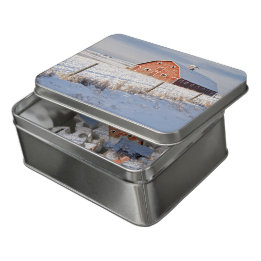 Red Barn in Snow-covered Landscape Jigsaw Puzzle