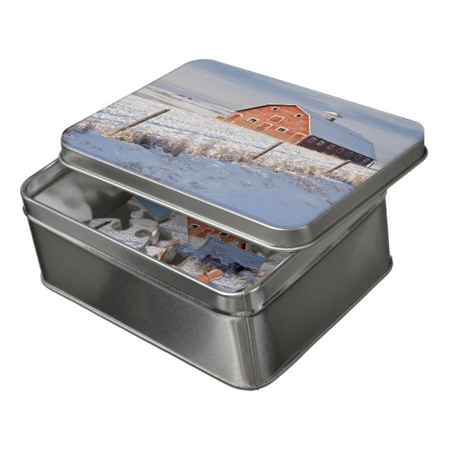Red Barn in Snow-covered Landscape Jigsaw Puzzle (Lid Open)