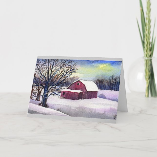 Red Barn in Snow Holiday Card (Front)