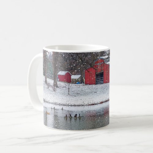 Red Barn In Snow Painterly Coffee Mug