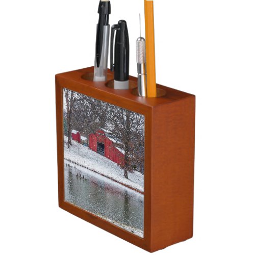 Red Barn In Snow Painterly Desk Organizer