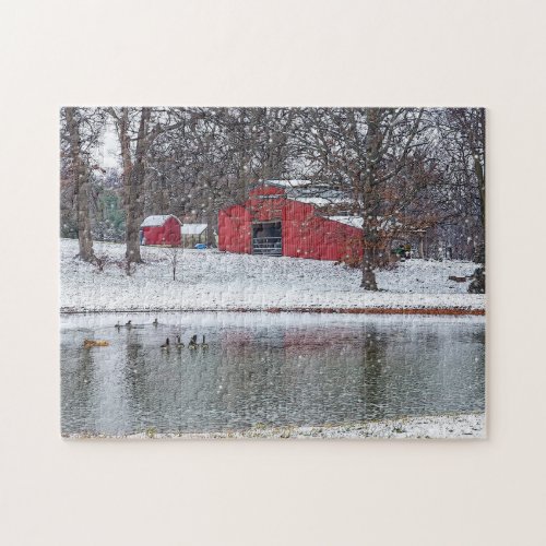 Red Barn In Snow Painterly Jigsaw Puzzle