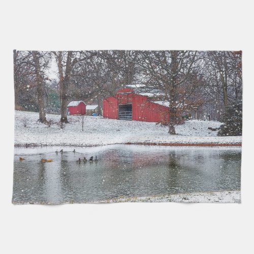 Red Barn In Snow Painterly Kitchen Towel