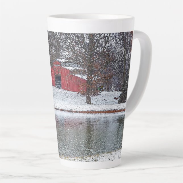 Red Barn In Snow Painterly Latte Mug (Right Angle)