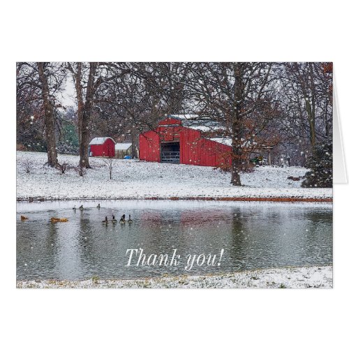 Red Barn In Snow Painterly Thank You Card