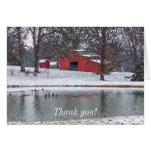 Red Barn In Snow Painterly Thank You Card (Front Horizontal)